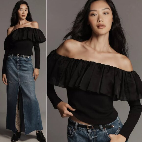 Anthropologie Off-The-Shoulder Organza Ruffle Top NWT in Black Small - Picture 1 of 13